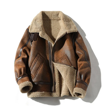 Mens Retro Suede Lambhair Jacket Thick Winter Fur Large Size Motorcycle Leather Coat Trendy.