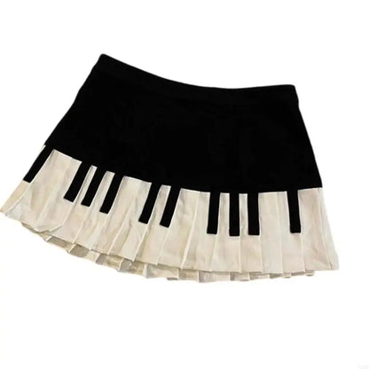 Y3NE Women Schoolgirl High Waist Pleated Flared Vintage Piano Print A Line Mini Skirt.