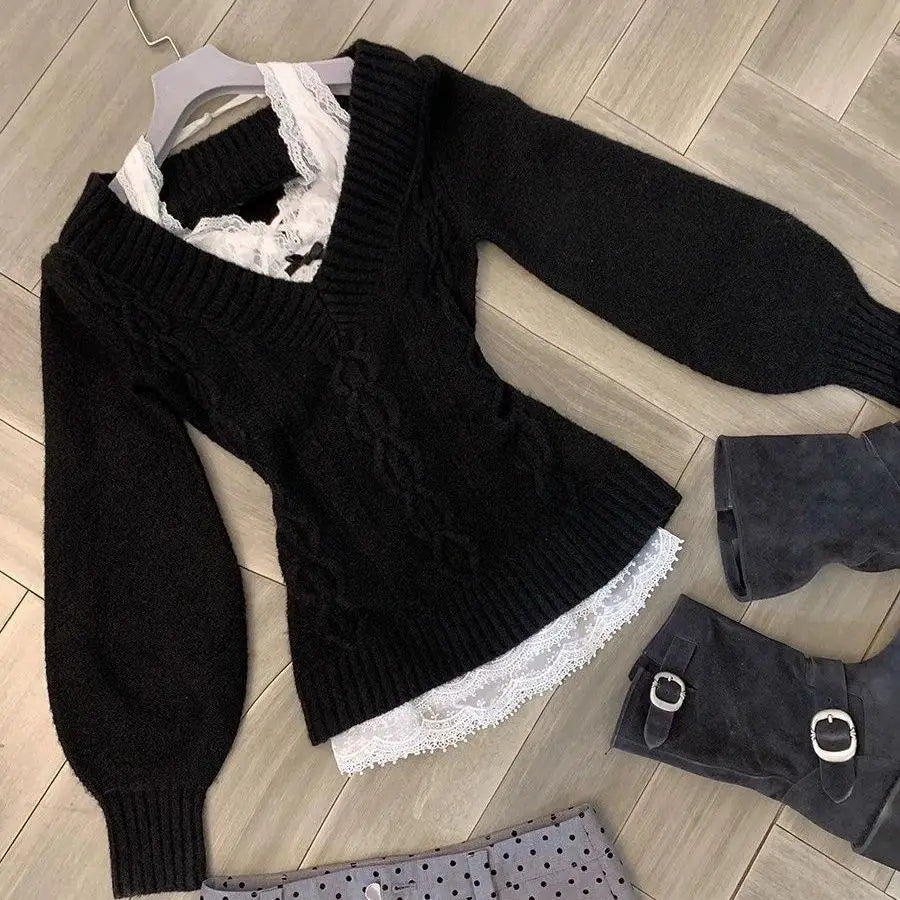 Chic Gothic Slim Sexy Strickpullover Soft Kint Pullover Langarm Skinny Tops Y2k Design Streetwear V-Ausschnitt Fairy Grunge.