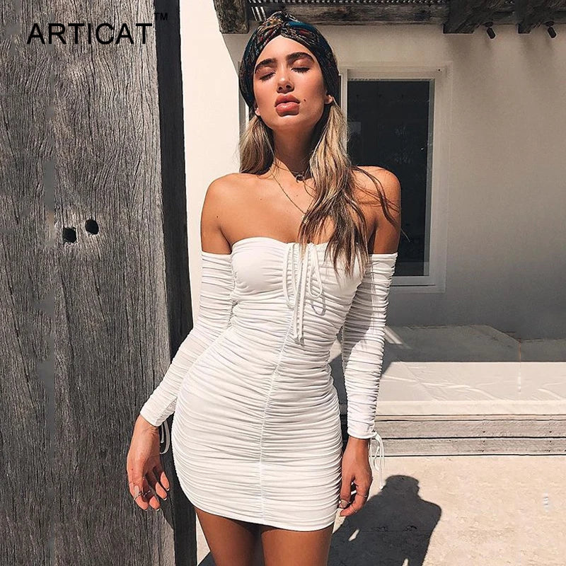 Arctic Cat Frauen Herbst Winter Verband Kleid Frauen 2022 Sexy Off Schulter Lange Hülse Dünne Elastische Bodycon Party Kleider Vestidos.