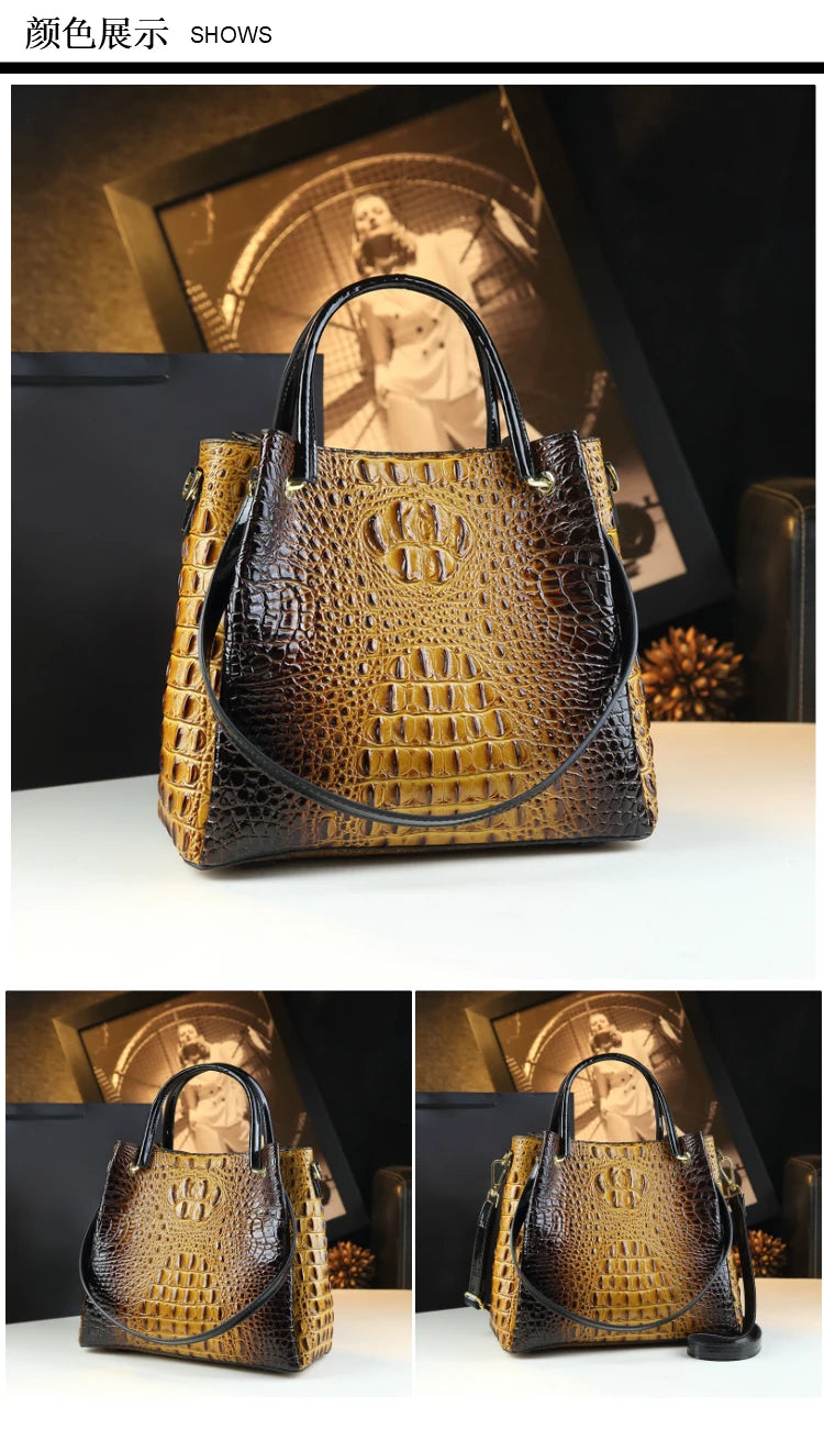 Genuine Leather Women Handbags New Tote Bag Fashion Crocodile Print Bucket Bag Retro Shoulder Messenger Bags Trend 2025.