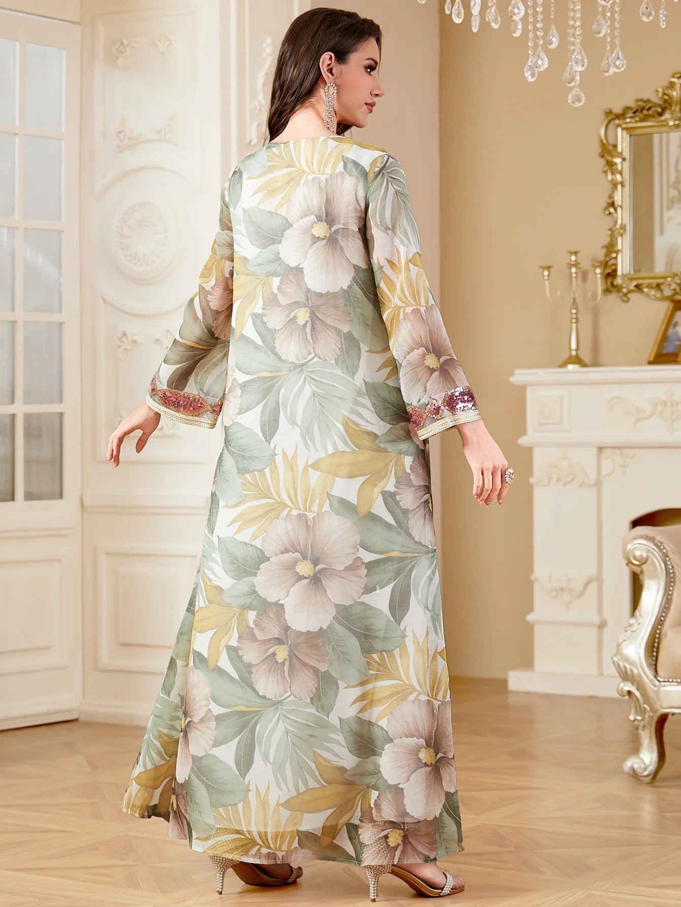 Ramadan Dubai Floral Print Long Dress Sequins Patchwork Abayas Mesh Kebaya For Muslim Women's Casual Loose Clothing.