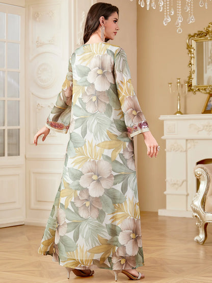 Ramadan Dubai Floral Print Long Dress Sequins Patchwork Abayas Mesh Kebaya For Muslim Women's Casual Loose Clothing.