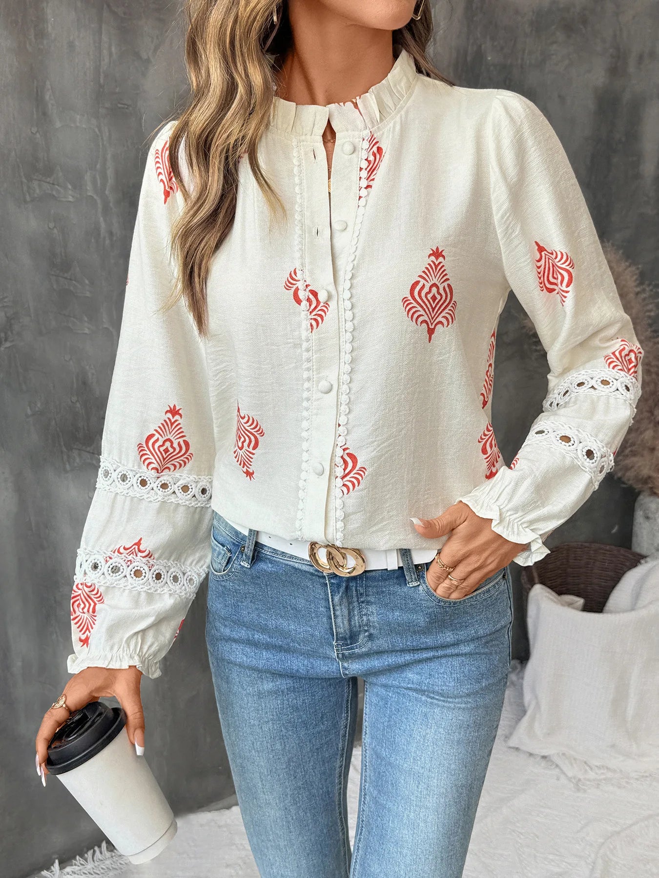 Women's Printed Casual Trendy Stand Collar Single-breasted Loose Shirts European New Fashion Female Ethnic Clothes Tops Cardigan.