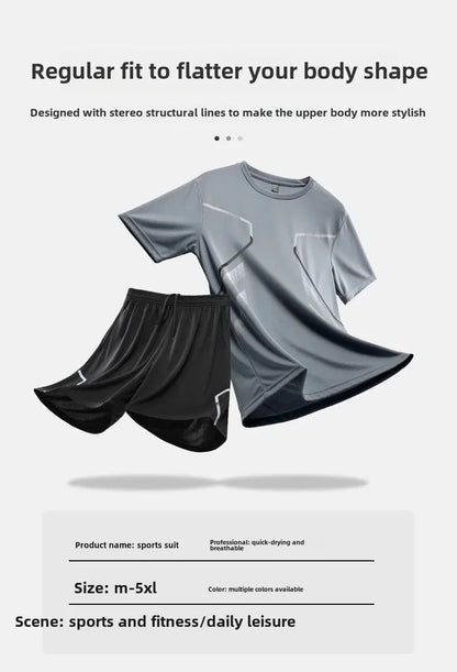 Men's Fitness Ice Silk Sports Suit Short Sleeve Training Room Basketball Morning Run Summer Outfit Shorts And T-shirt Set