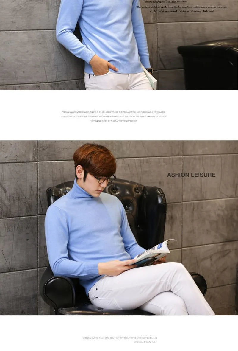 Cashmere Wool Solid Autumn Winter Men's Warm Turtleneck Knit Loose Long Sleeve Sweater Casual Comfortable Pullover Thick Sweater