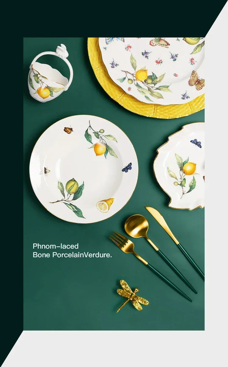 Europeanc Style Ceramic Dining Plate Elegant Lemon Pattern Dinner Steak Plate Coffee Cup Set Western Cuisine Dessert Plate.