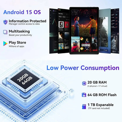 Android 15 Tablet 10 Inch OS GMS Certified Tablets 1.8 GHz 5-Core 20GB RAM 64 GB ROM 1TB Expand WiFi 6 Bluetooth 5.4 Dual Camera.