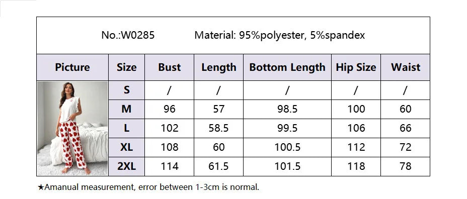 2024 White T-Shirt Women's Pajama Set Sexy Fly Sleeve Vest Pants Sleepwear Heart Print Casual Pyjamas Loungewear Spring 2-piece.