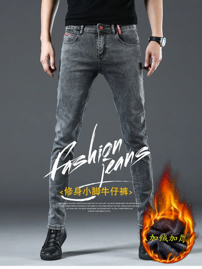 Winter Thick Plus Velvet Men Middle Waist Skinny Jeans Simple Fleece Warm Slim Fit Stretch Boy Casual Denim Pencil Pants.