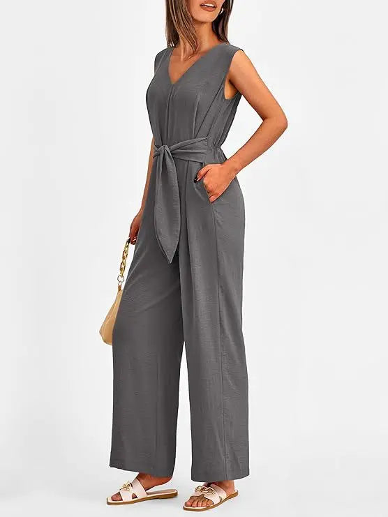 Summer High Waist Lace-up Jumpsuits Women 2025 New Sleeveless V-neck Side Pocket Solid Casual Jumpsuit Office Ladies Rompers