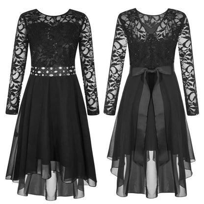 Elegantes Spitzen-Partykleid für Kinder, Mädchen, Chiffon, Spleißen, langärmelig, Kleid mit hohem und niedrigem Saum und Strass-Schärpe für Hochzeit, Geburtstag