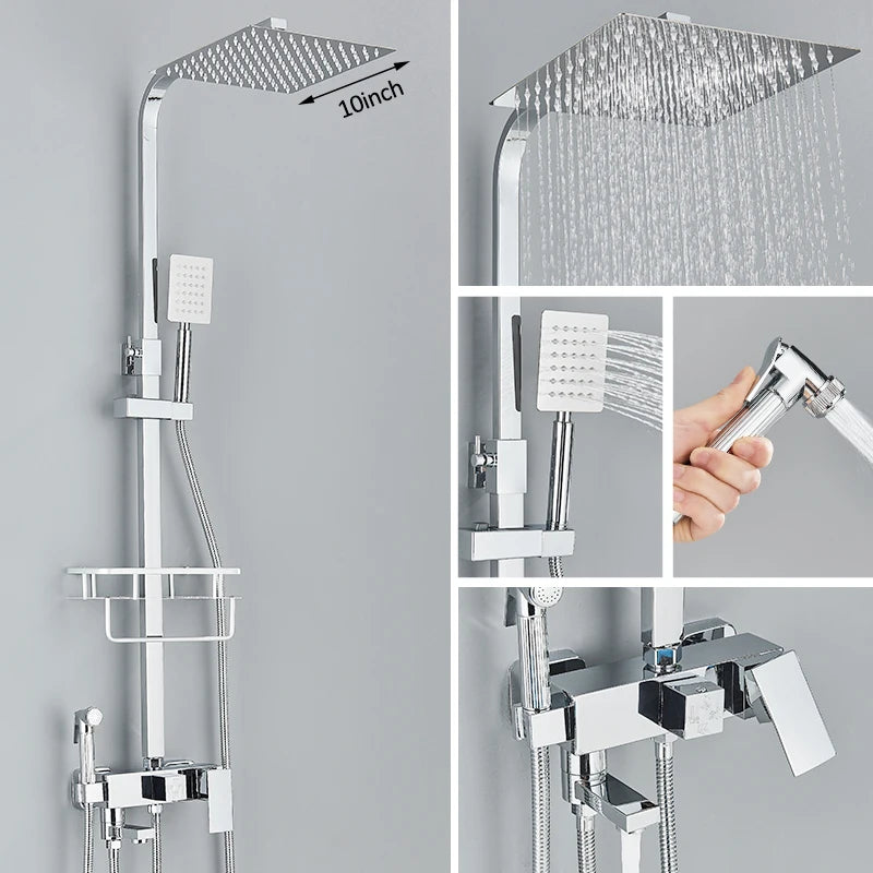 Black Chrome 3/4-way Shower Faucet Rainfall Shower Hot Cold Water Mixer Bidet Faucet Commodity Shelf For Bathroom Shower Mixer