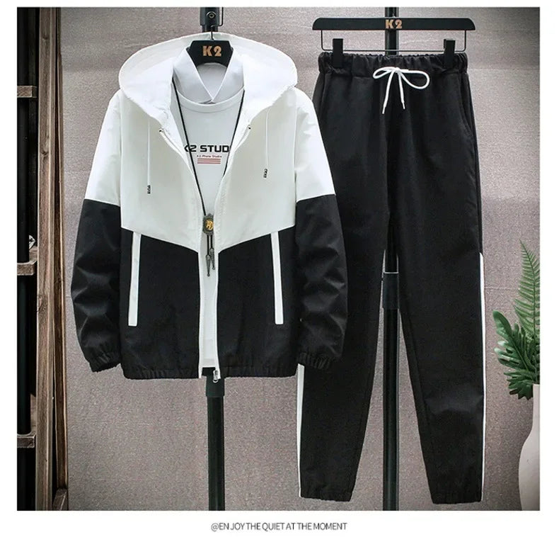 New Men's Sportswear Set Casual Loose Fit Sweatpants with Drawstring Two-Piece Korean Style Autumn Collection.