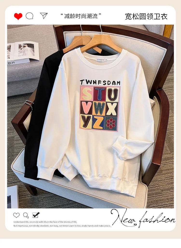 170 kg Plus Größe Damen Büste 170 Frühling Herbst Lose Langarm Druck Brief Pullover Sweatshirts 4XL 5XL 6XL 7XL 8XL 9XL.