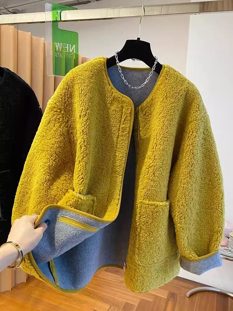 Hochwertige Lammwolljacke für Damen, lockerer warmer Samtmantel, 2025, neuer Frühling und Herbst, große Taschen, modische Oberbekleidung, M-3XL.