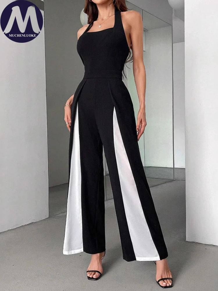 Jumpsuits for Woman Summer New Sexy Color Block Sleeveless Sling Jumpsuit Fashionable Slim Fit Backless Straight Leg Jumpsuit.