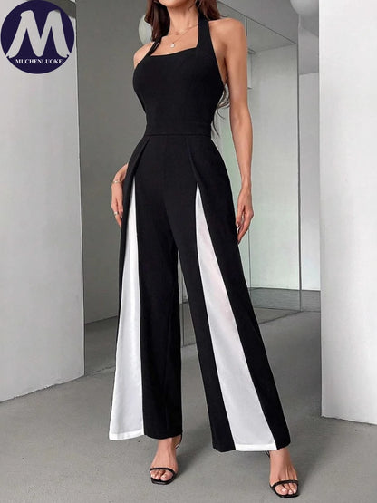 Jumpsuits for Woman Summer New Sexy Color Block Sleeveless Sling Jumpsuit Fashionable Slim Fit Backless Straight Leg Jumpsuit.