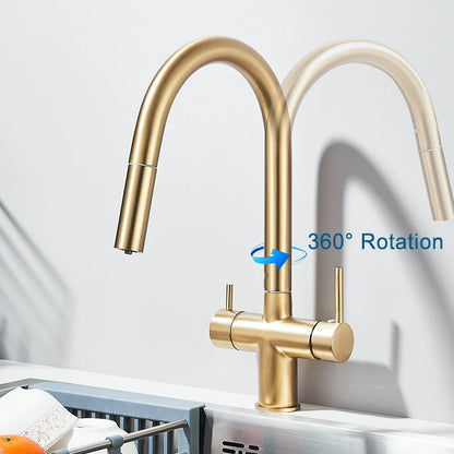 Filter Kitchen Faucet Pull Out Flexible Drinking Water Kitchen Faucets Dual Handle Metal 2 in 1 Hot Cold Water Mixer Tap