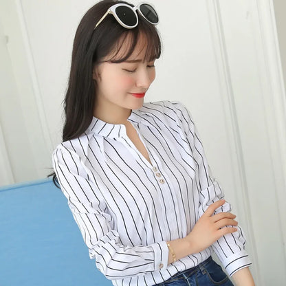 Stripe Women Blouse Fashion Standing Collar Women's Shirt Long Sleeved Shirts and Blouses Printing Ladies Tops Basic Womens Tops.