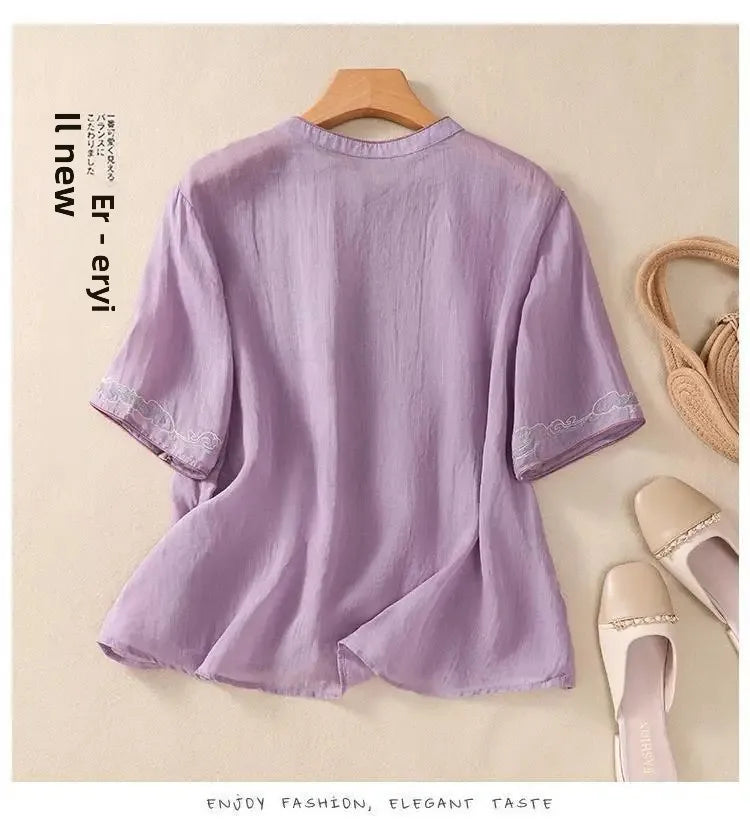 Retro Chinesischen Stil Lose Fit Baumwolle Leinen Kurzarm Shirt frauen Sommer Schwere Stickerei Abnehmen Top Flagge Kleid