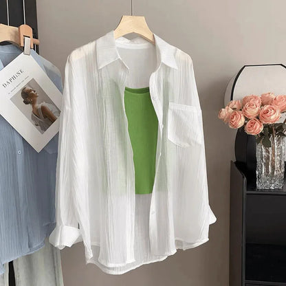 Women's Summer Sun Protection Shirts Casual Loose with Pocket Chiffon Blouses Female Korean Chic Thin Breathable Slimming Shirt.