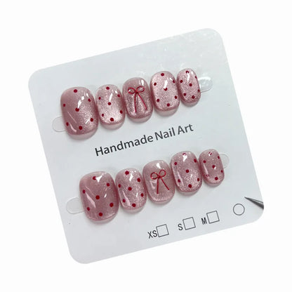 10pcs Ballet Short Nail Tips Set-Glossy Finish Polka Dot & Solid Color Designs with 3D Bow Accents Nail Art for Women and Girls.