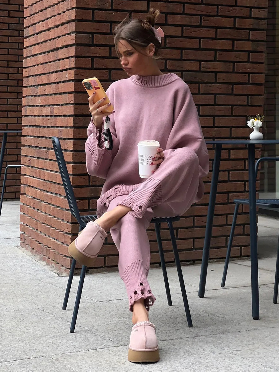 Bornladies Autumn Winter Women's New Turtleneck Knit Sweater Skinny Knit Pants Set Soft Oversized Ripped Hem Fashion Pullover.