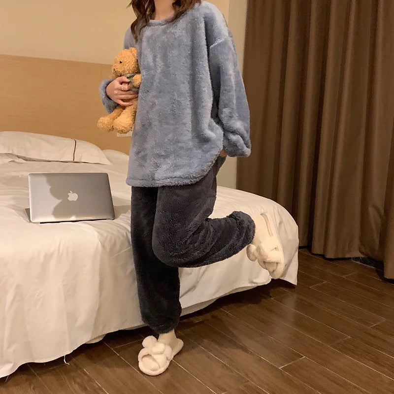 Winter Fleece Women Pajamas Set  Sleepwear Solid Velvet 2 Piece Pant Home Suit Fluffy Casual Warm Flannel Night Wear
