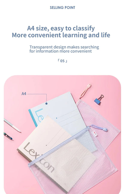 Zipper Mesh Bags A4/A5 Plastic Zipper Bags For Organizing Waterproof Clear Travel Bags Office Supplies Document，color random.