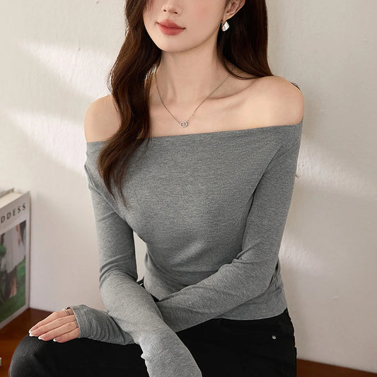 One Shoulder Gathered Waist Long Sleeve T-Shirt Women's Autumn Sexy Top.