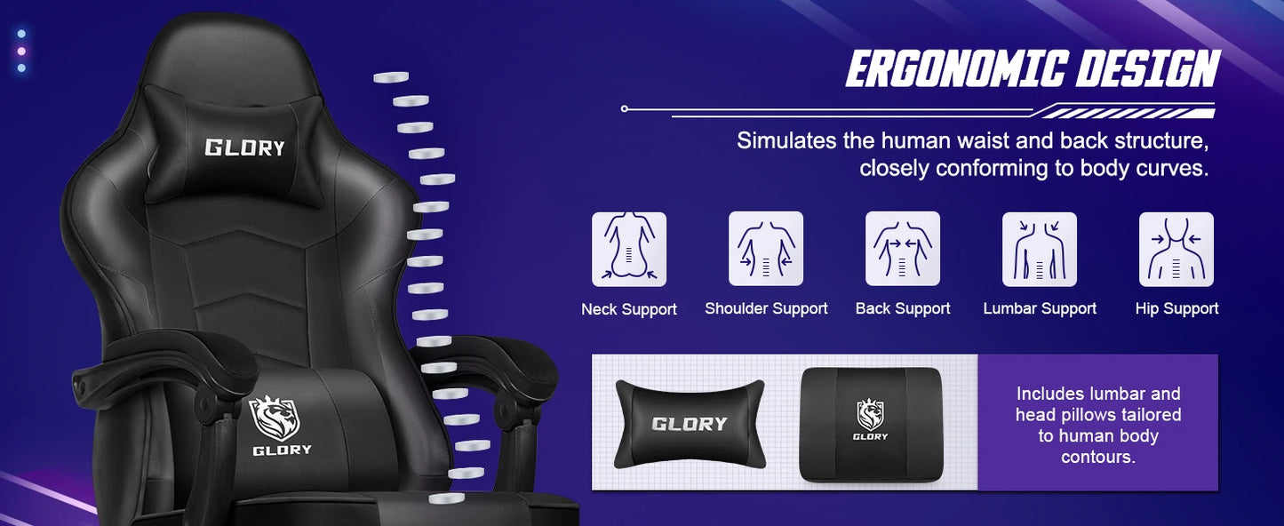 AUTHMIC Ergonomischer Gaming-Stuhl mit Fußstütze und Lordosenstütze, verstellbarer Bürostuhl aus PU-Leder, für Heimbüro und Gamer