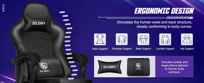 AUTHMIC Ergonomischer Gaming-Stuhl mit Fußstütze und Lordosenstütze, verstellbarer Bürostuhl aus PU-Leder, für Heimbüro und Gamer