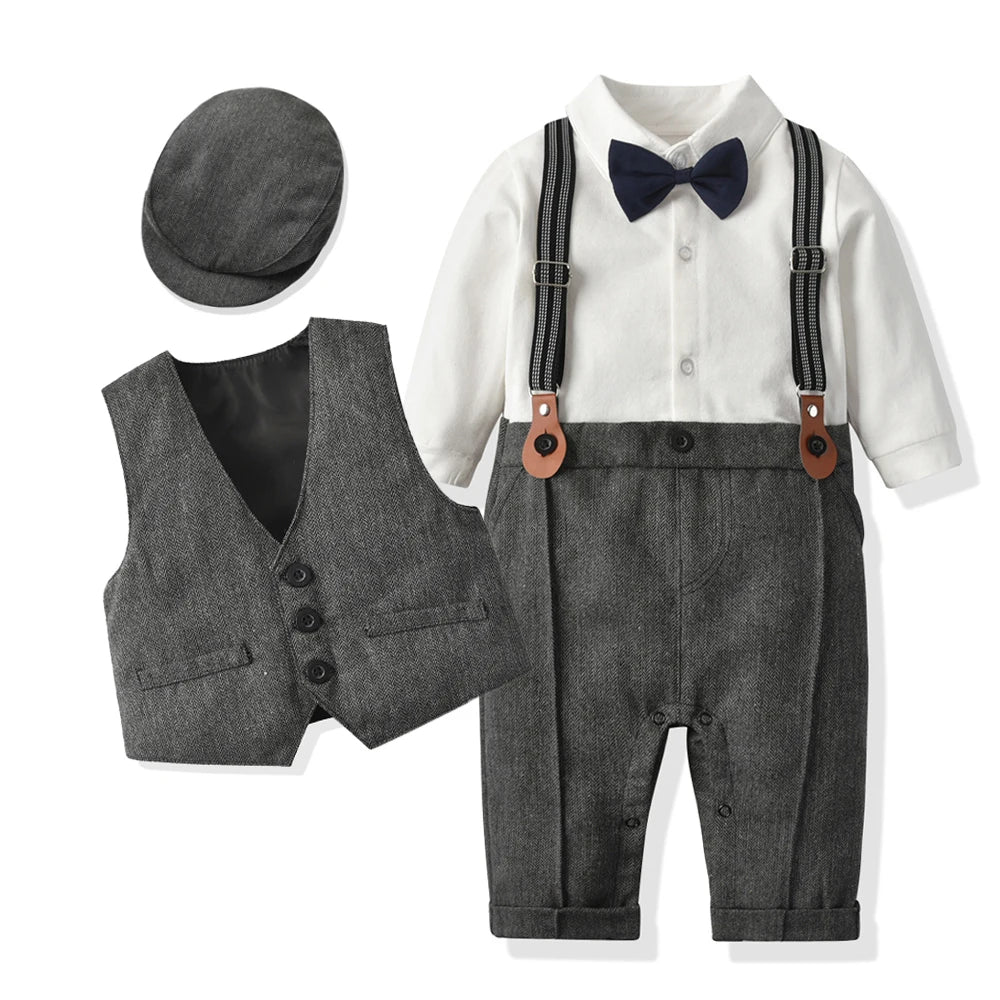 Newborn Boy Formal Clothes Set Infant Boy Gentleman Birthday Romper Outfit With Hat Vest Long Sleeve Infant Jumpsuit Suit Formal.
