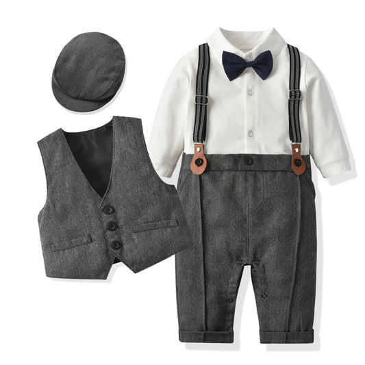 Newborn Boy Formal Clothes Set Infant Boy Gentleman Birthday Romper Outfit With Hat Vest Long Sleeve Infant Jumpsuit Suit Formal.