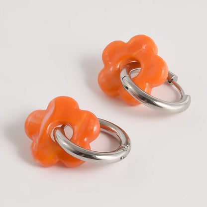 Colorful Flower Glass Drop Charms Earring Gold Color Circle Ear Buckle Hoops Stainless Steel Earrings Fashion Jewelry for Women
