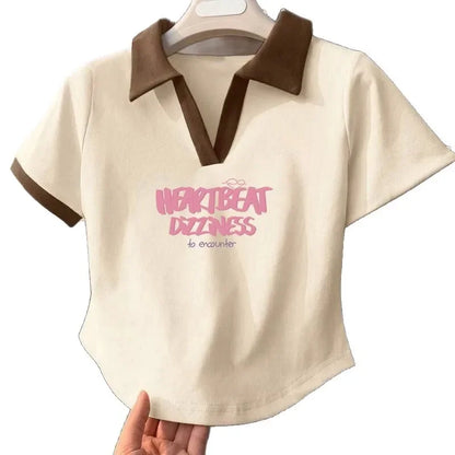 Color Block Polo Neck Short Sleeve T-Shirt Women's Fashion Summer Top plus Size Small Figure Friendly Cotton Blend T-Shirt.