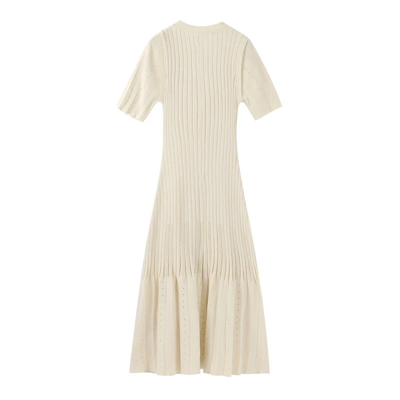 Frauen solide plissierte Saum Patchwork langes Kleid elegante Rundhals ausschnitt kurze Ärmel einreihige Dame Roben 2024 Sommer Streetwear.