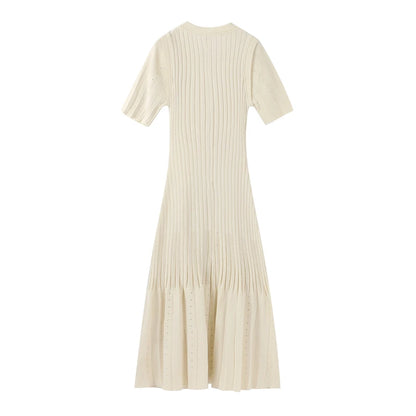 Frauen solide plissierte Saum Patchwork langes Kleid elegante Rundhals ausschnitt kurze Ärmel einreihige Dame Roben 2024 Sommer Streetwear.