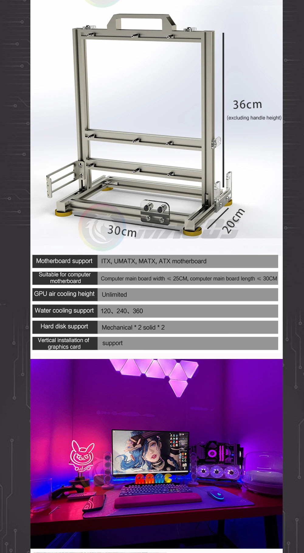 DIY Gamers Cabinet MOD ITX MATX PC Case Open Frame Aluminum Creative ATX Tower Desktop Gaming Computer Chassis Rack.