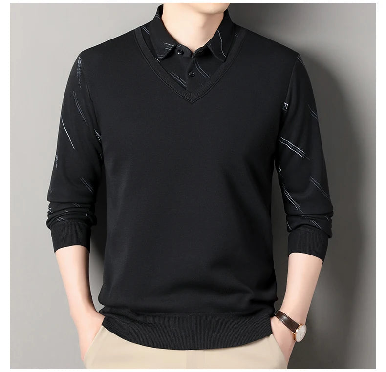 Men's Fleece Lining Sweater Autumn Winter Pullover Polo Shirt Collar Fake Two Piece Thick Warm Top Clothes Casual Knitwear.