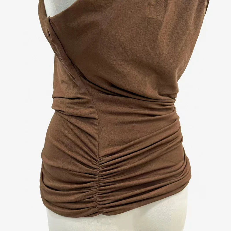 Women's One-Shoulder Metal Button Lace-Up Tank Top,Fashion Sexy Backless Ruched Top,High Quality Cotton Tops,Spring,New,2025.