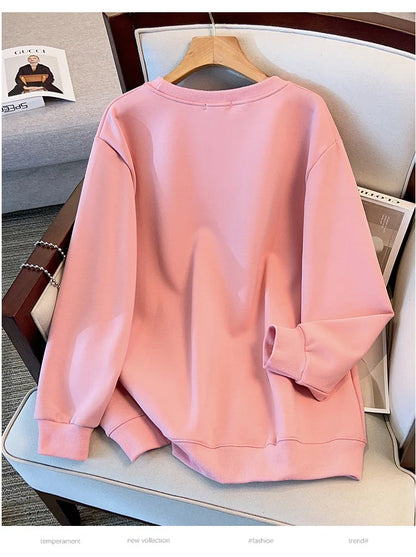 175 kg Plus Size Damen Büste 170 Frühling Herbst Lose Rundhals Langarm Bedrucktes Sweatshirt Schwarz Rosa 5XL 6XL 7XL 8XL 9XL