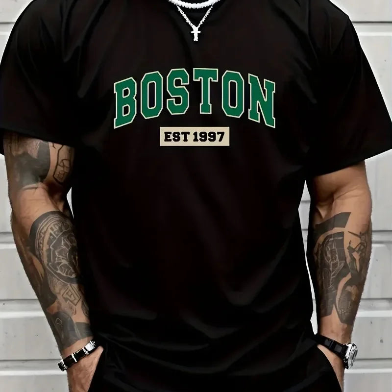 Boston EST1997 vintage printed men's new 100% cotton T-shirt Fashion casual loose summer cotton short-sleeved T-shirt.