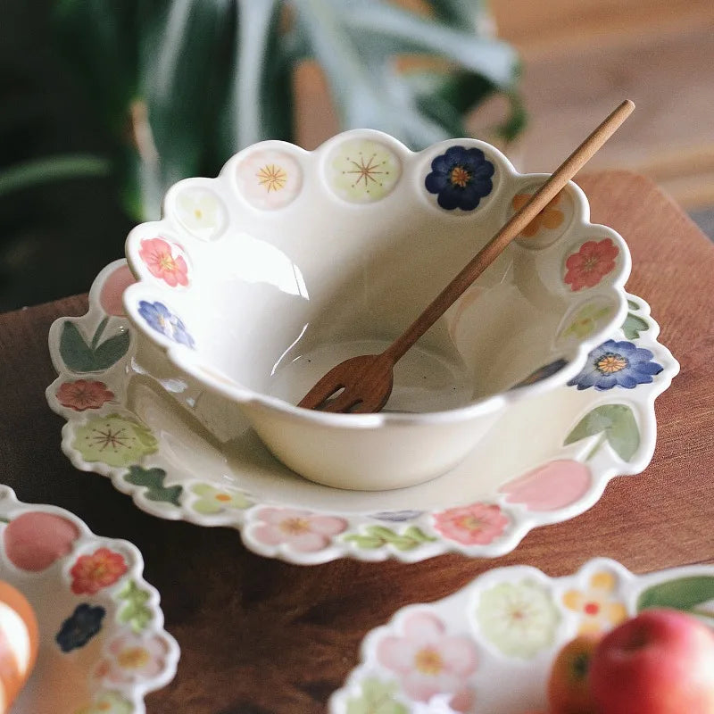 Floral Embossed Rim Soup Dessert Plate - Elegant Ceramic Appetizer Dish for Breakfast, Cafe Dining, Home Kitchen Tableware Set.