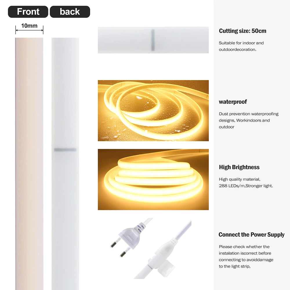 220V Dimmable COB LED Neon Strip Light Dimmer Switch Plug Kit Waterproof 288 LED Flex Tube Lamp Hight Bright Warm/Natural White.