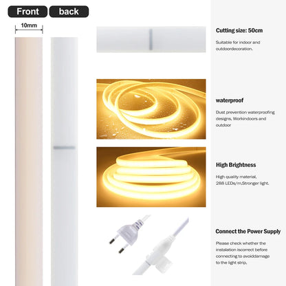 220V Dimmable COB LED Neon Strip Light Dimmer Switch Plug Kit Waterproof 288 LED Flex Tube Lamp Hight Bright Warm/Natural White.