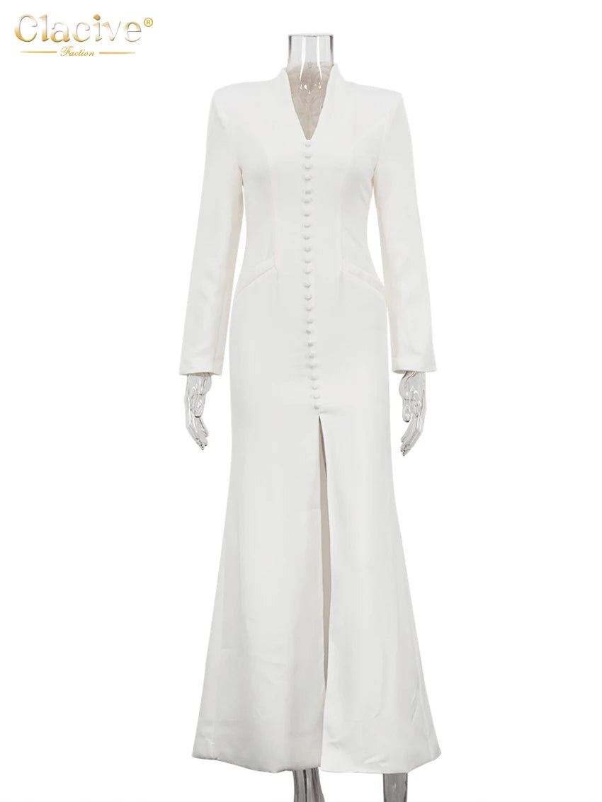 Clacive Sexy schlankes weißes Damenkleid 2025, modisches V-Ausschnitt, lange Ärmel, knöchellanges Kleid, elegantes, klassisches, geschlitztes Damenkleid.