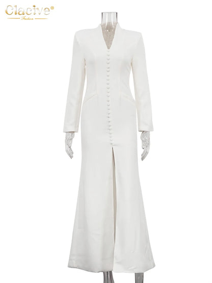 Clacive Sexy schlankes weißes Damenkleid 2025, modisches V-Ausschnitt, lange Ärmel, knöchellanges Kleid, elegantes, klassisches, geschlitztes Damenkleid.