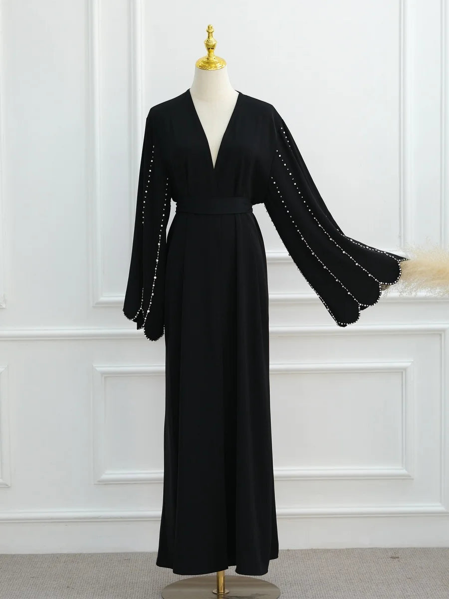 Middle East Women Arabic Dubai Abaya Made Beading Kimono Cardigan Long Dress Modest Ramadan Robe Femme Islam Clothing Kebaya.